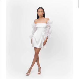 Lurelly White Off-Shoulder Mini Dress with Puff Organza Sleeves